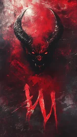 Demonic horned visage emerges from blood-red abstraction.