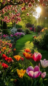 Spring Garden Pathway: Vibrant Tulips, Blossoms, Golden Light.
