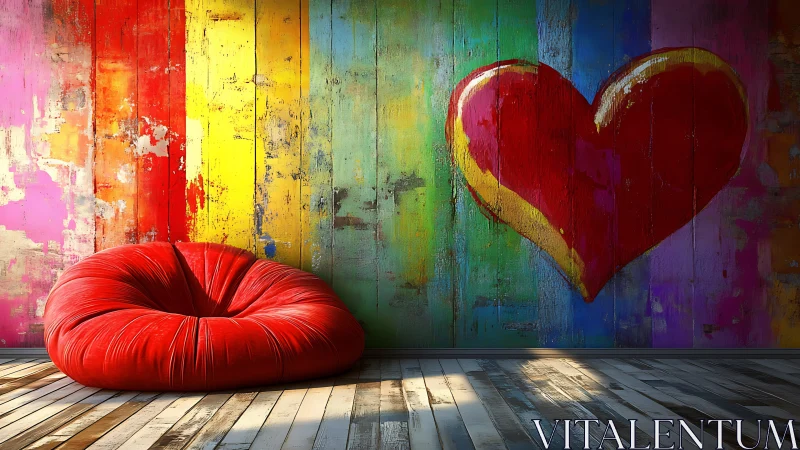 Pop Art Interior: Rainbow Wood Paneling with Sculptural Heart Motif.