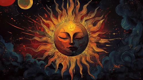 Solar deity portrait radiates fire through cosmic storm