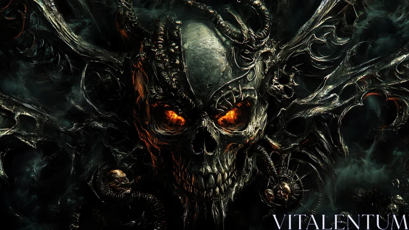 Infernal biomechanical skull emerges from swirling darkness