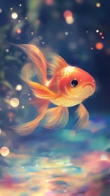 Luminous bokeh-lit goldfish with volumetric fins in motion.
