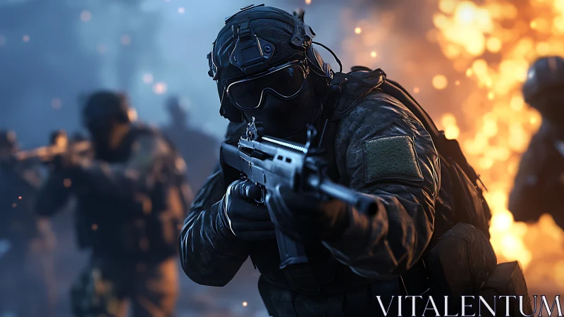 Tactical assault team advances through firelit urban combat zone