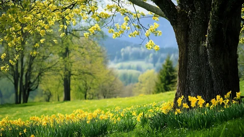 Daffodils spill like sunlight beneath an old hillside tree