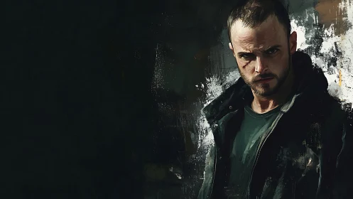 Digital portrait depicts stern man against dark abstract field