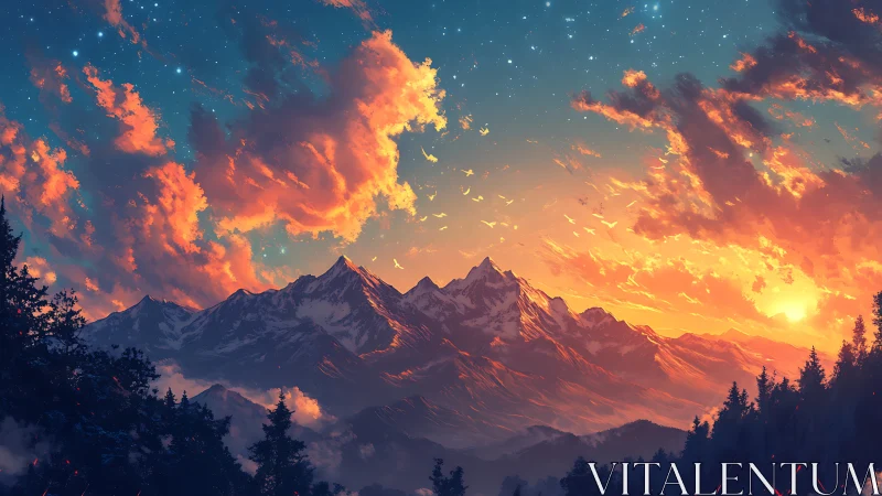 Sunset light ignites snow peaks under dramatic cloud sky