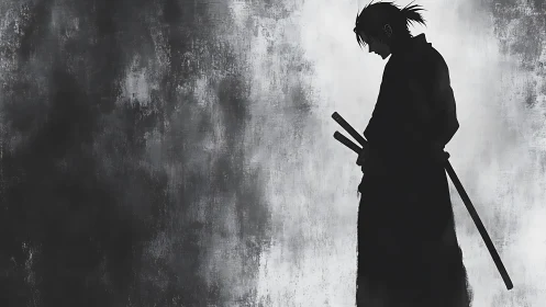 Silhouetted samurai with swords against textured gray wall.