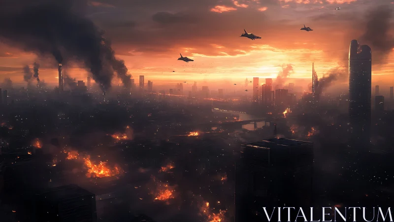 Urban skyline under bombardment at sunset with fires.