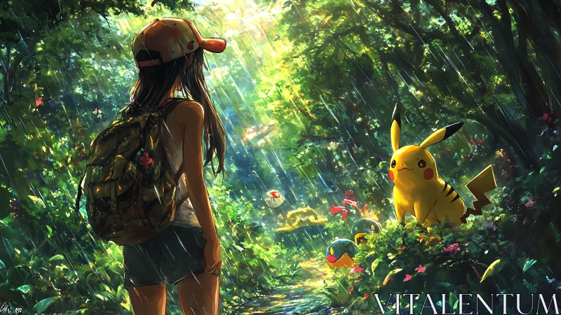 Human figure observes yellow creature in rainlit forest clearing