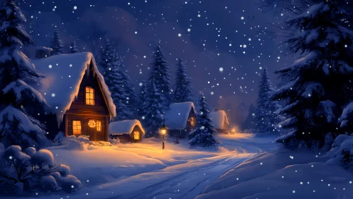 Snowy winter cabins glow beneath a peaceful starlit sky.