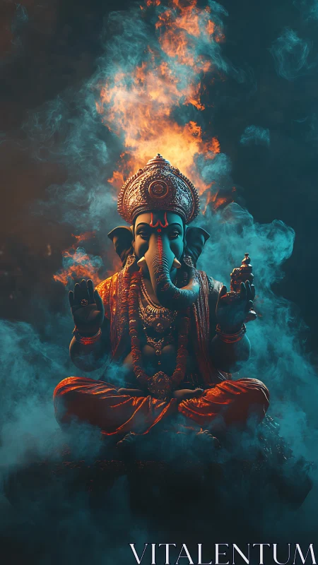 Luminous elephant-headed deity amid volumetric fire and smoke.
