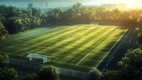 Empty football pitch is surrounded by trees near distant city