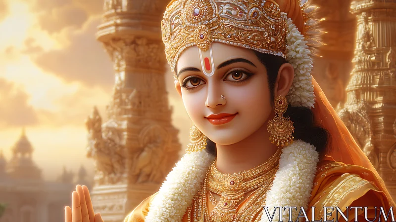Golden temple glow around serene, smiling deity portrait.