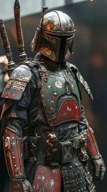 Weathered sci fi warrior in richly detailed battle armor.