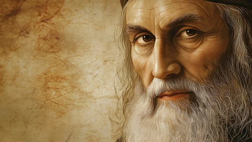 Hyper-detailed aged male portrait with textured parchment backdrop