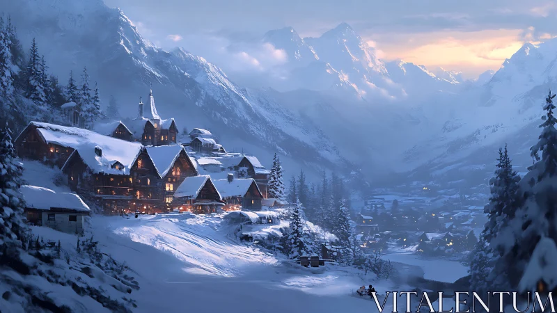 Snowbound mountain village glows against distant alpine dusk