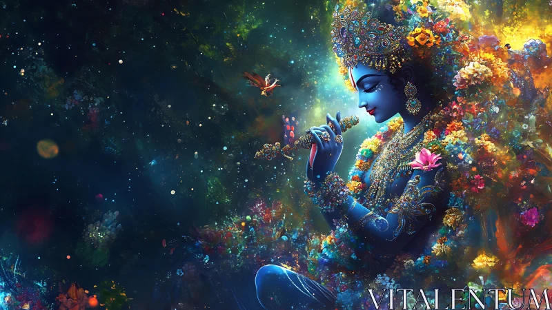 Blue-skinned divine figure plays flute amid dense cosmic flora