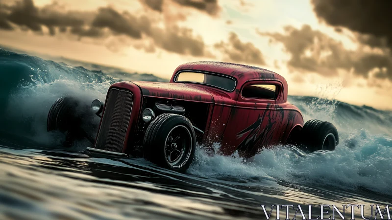 Crimson hot rod surfs stormy waves at a molten sunset