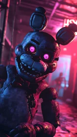 Neon-lit robot bunny grins through eerie arcade glow.