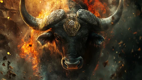 Fire-forged sacred bull charging through swirling embers.