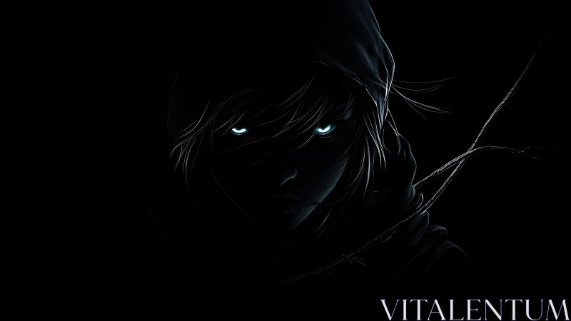 Mysterious hooded figure glowing softly in the dark night.