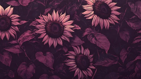 Densely arranged sunflowers rendered in monochromatic magenta palette