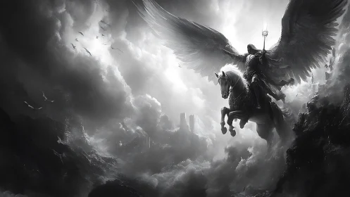 Winged knight rides warhorse through stormlit celestial chasm