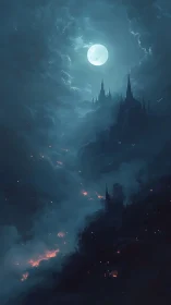 Lunar-illuminated gothic citadel amid incendiary storm clouds.
