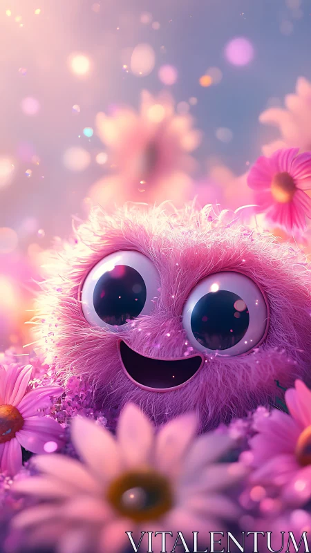 Fluffy pink creature smiles amid dreamy glowing flowers.