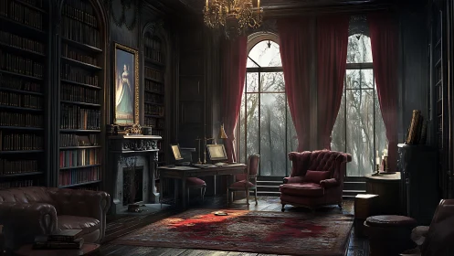 Victorian style library interior with armchairs and desk.