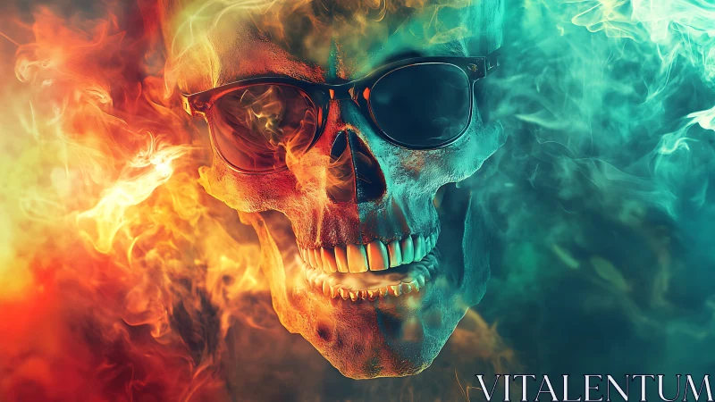 Fiery skull with sunglasses in vivid smoke and color clash.