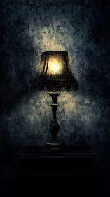 Vintage table lamp casting warm light on textured wall.