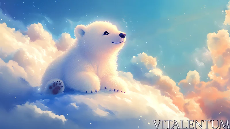 Dreamy polar cub sails bright clouds in pastel twilight