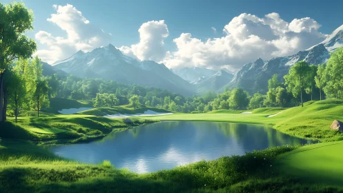 Mountain golf lake reflects bright fairways and distant peaks
