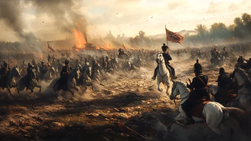 Medieval cavalry charge across smoky burning battlefield.