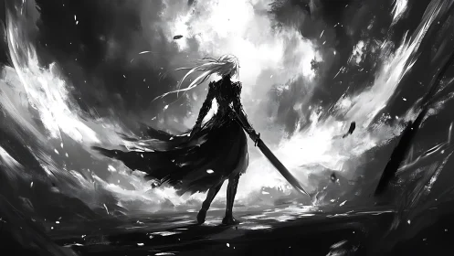Storm-wreathed swordsman strides against a blinding void sky.