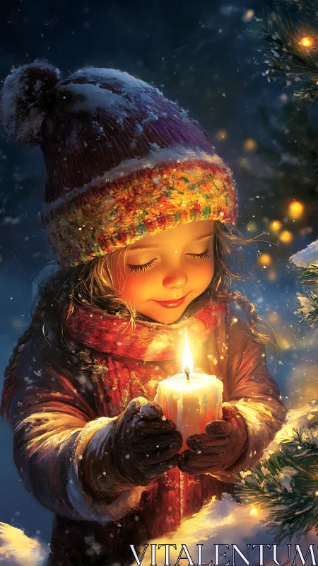 Young child cradles a glowing candle on a snowy winter night