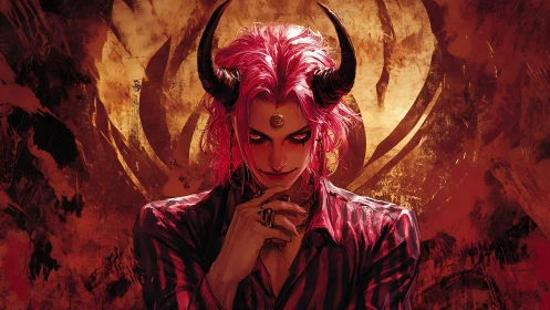 Demonic figure with crimson aura and horned gaze in flames.