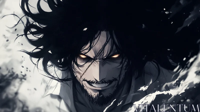 Fierce warrior’s burning gaze cuts through swirling shadows