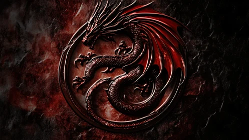 Coiled red dragon emblem rendered on dark textured stone