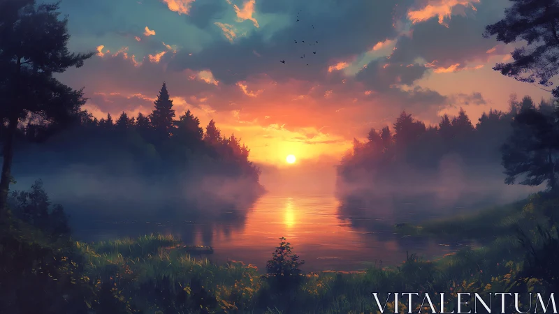 Mist-draped forest lake cradling a molten sunrise glow.