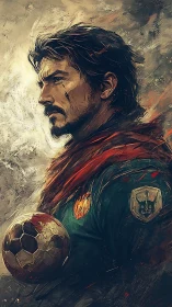 Battle-scarred footballer in heroic side profile digital portrait