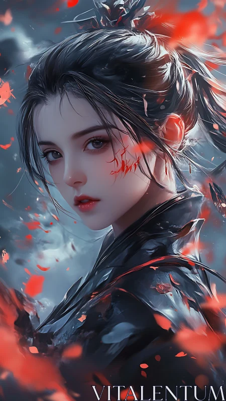 Warrior heroine in crimson petals with luminous facial sigil.