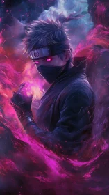 Masked cyber ninja with magenta arcane energy vortex.