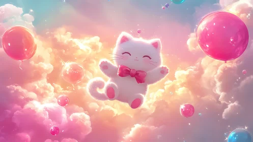 Feline Guardian Suspended Among Radiant Spherical Structures.