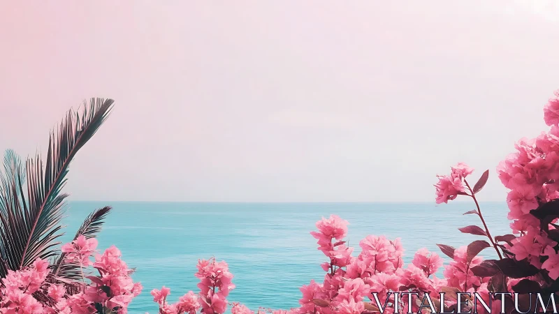 Pink coastal flowers frame turquoise sea under pastel sky