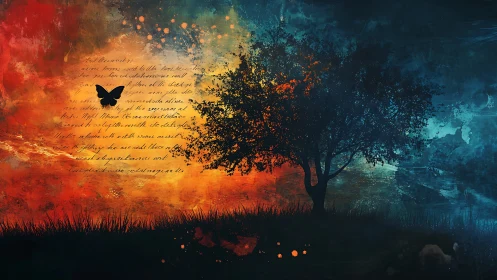 Silhouetted tree and butterfly divide contrasting color fields.
