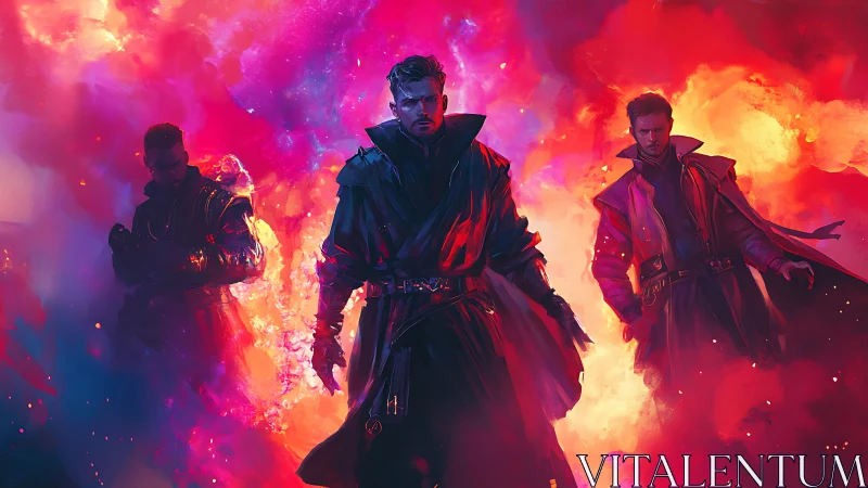 Trio of neon-cloaked warriors stride through blazing chroma storm.