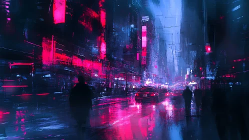 Neon-saturated cyberpunk avenue under reflective rain gloss.