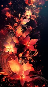 Luminescent fiery floral vectors in swirling dark field.